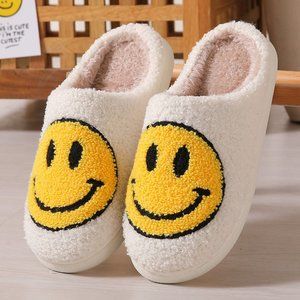 Smiley Face Cozy Slippers - WHITE